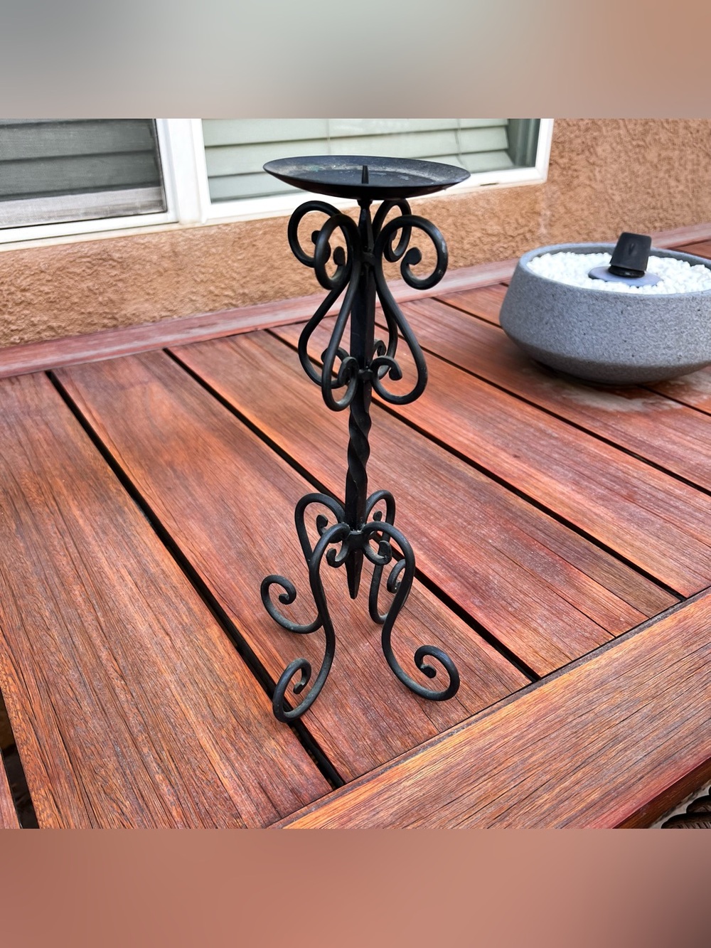Vtg Wrought Iron Pillar Candleholder Farmhouse Primitive Brutalist Scroll 12"